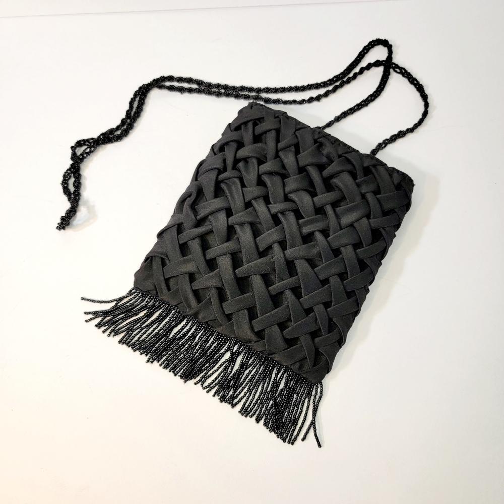 Black Satin Woven Evening Bag With Beaded Fringe